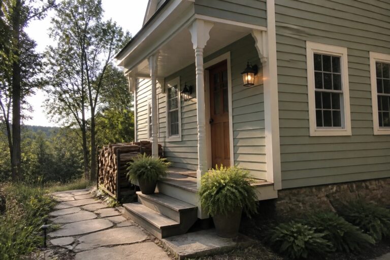 Light green house with white porch, ferns, stone path, and firewood stack