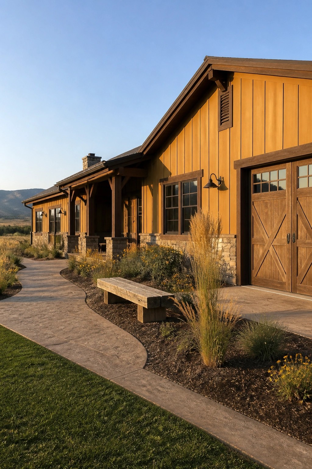 Yellow wooden house with stone foundation, garage doors, porch, bench, and garden path.