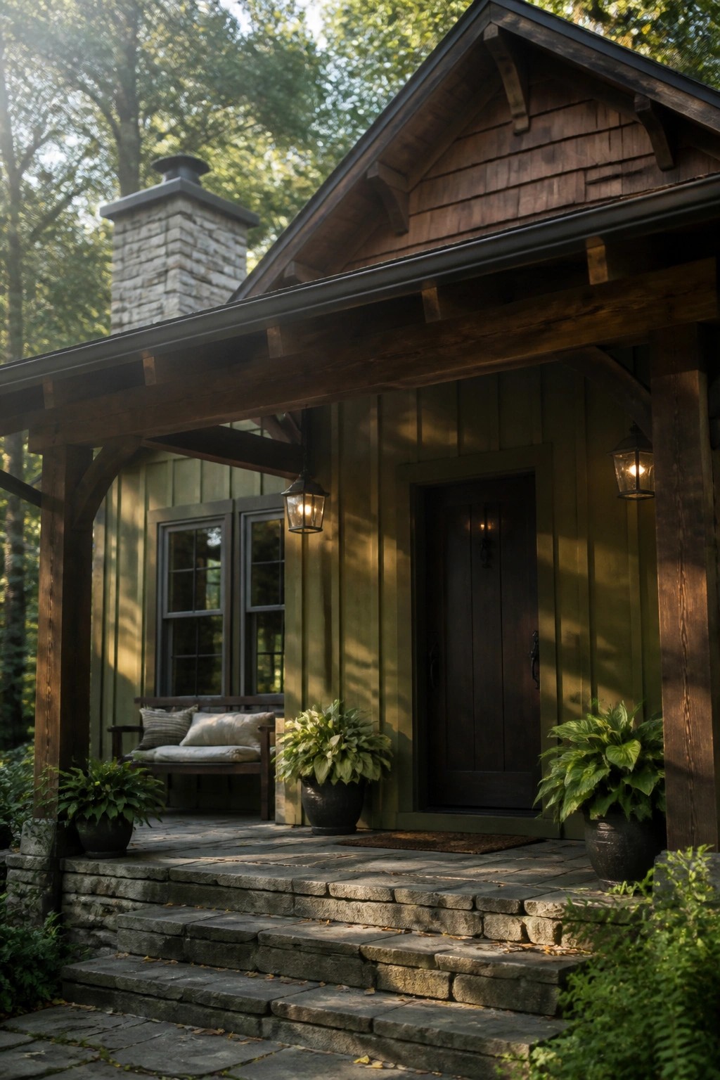 A house exterior painted in muted olive green siding with dark wood trim and a stone chimney.