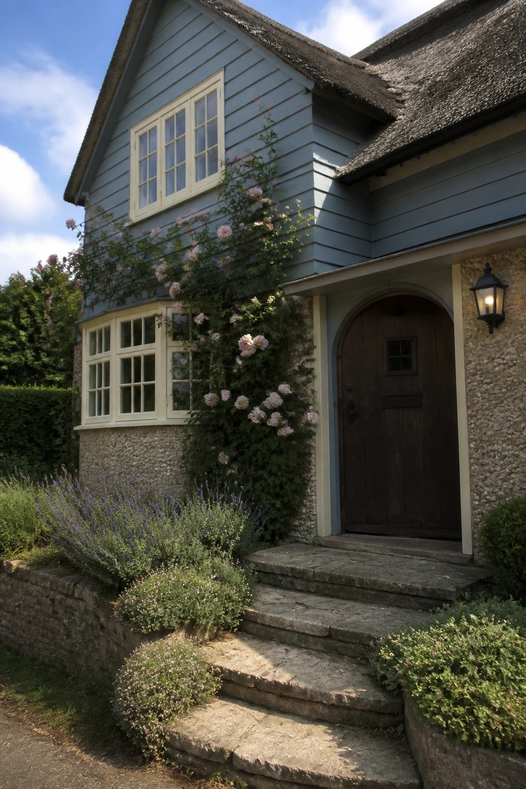 Blue thatched cottage with pink roses on walls and stone steps to door