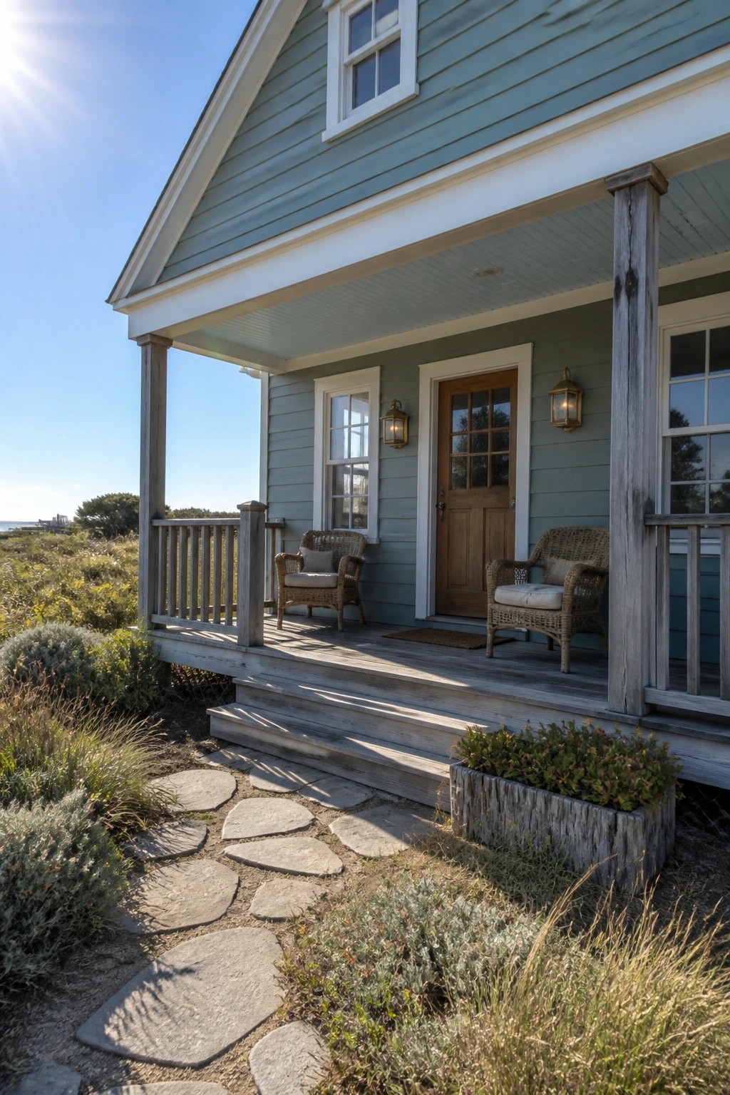 Light blue coastal house porch with wicker chairs, wooden door, and stone path