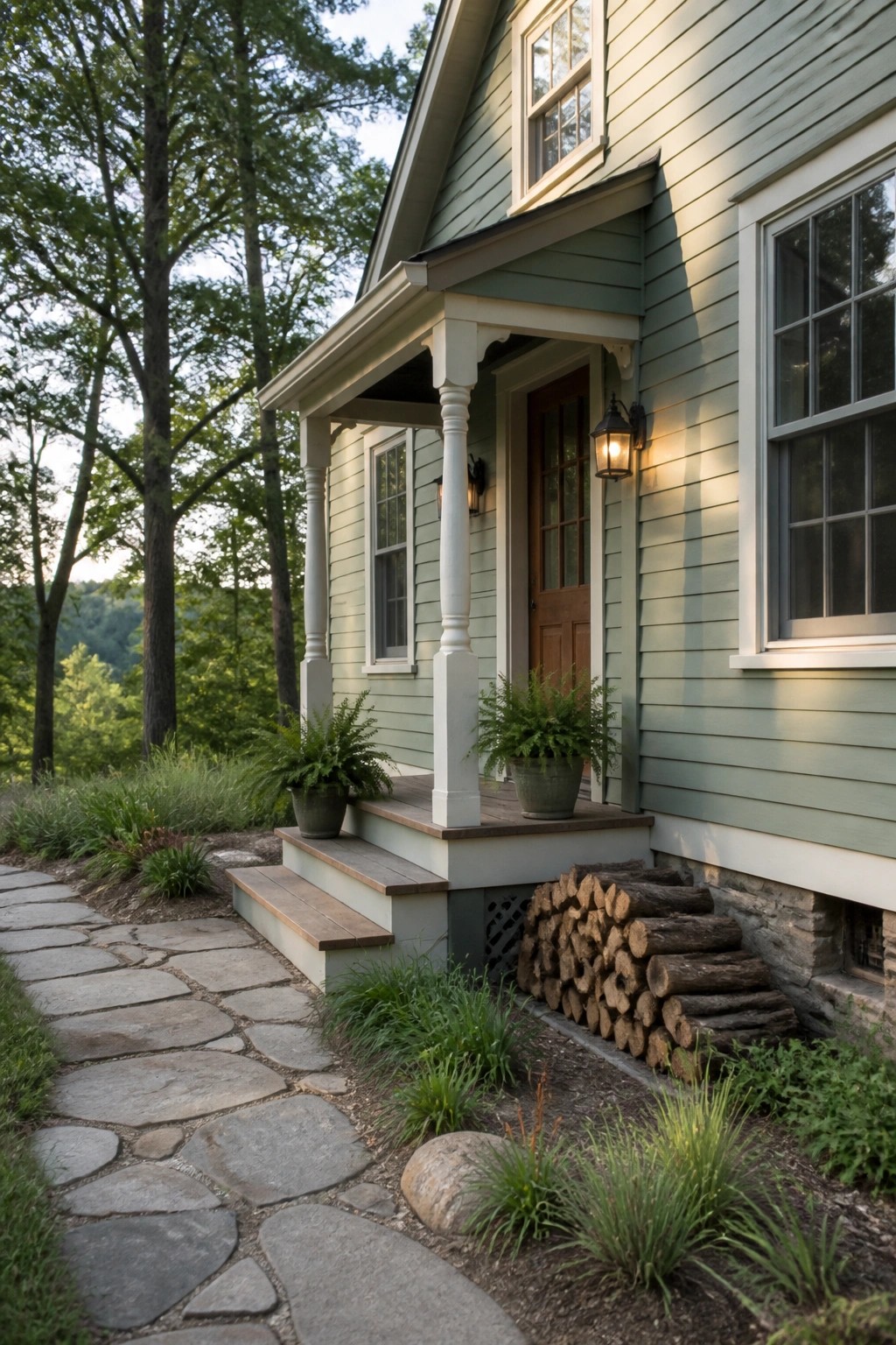 Light green house with white porch, ferns, stone path, and firewood stack
