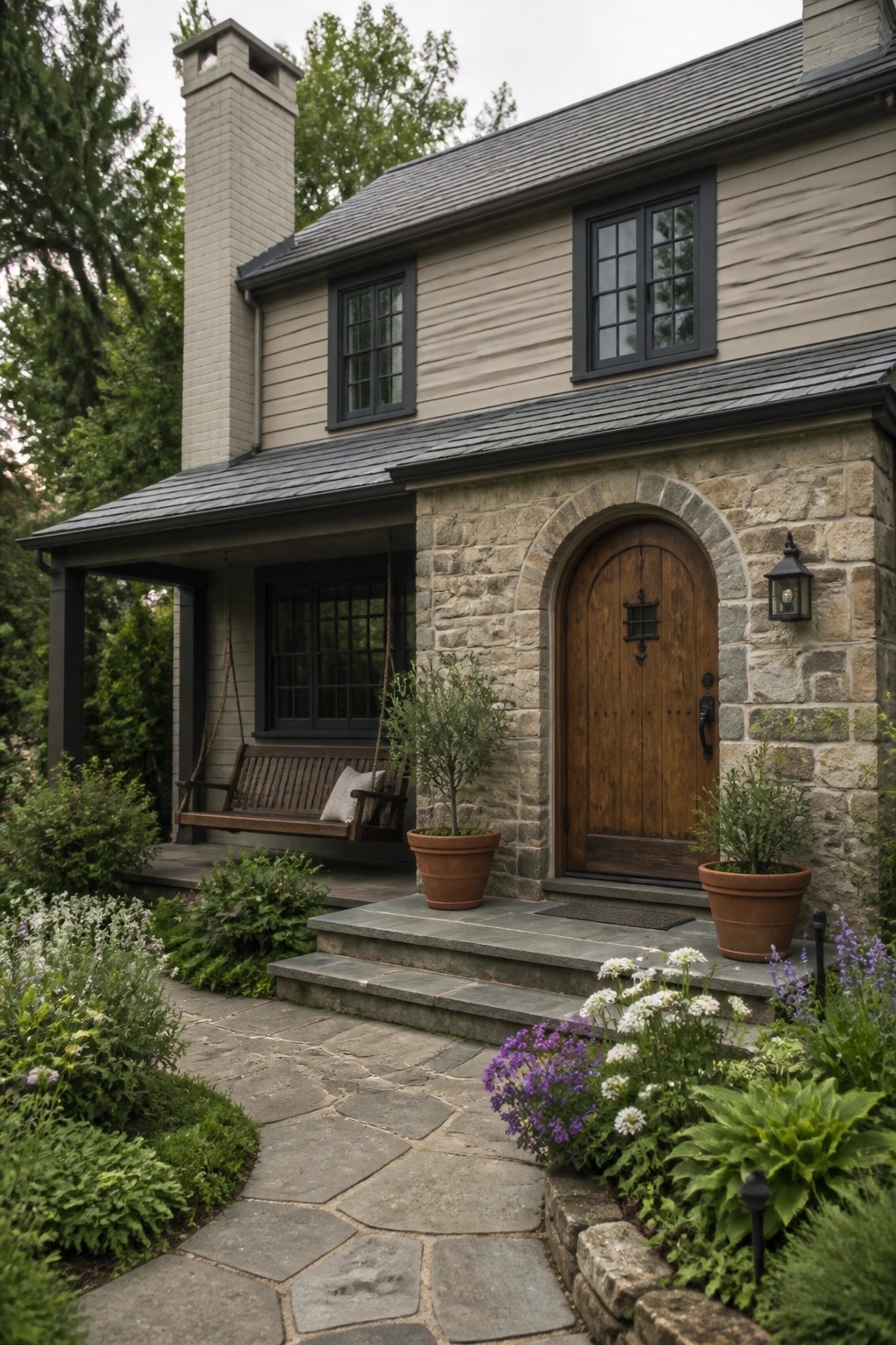 Light beige siding on a house exterior paired with natural stone.