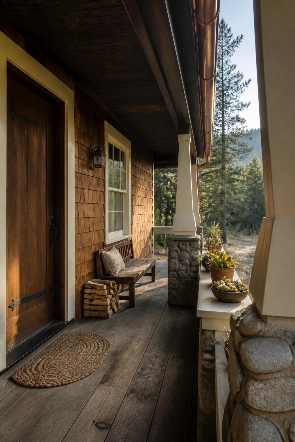 Warm brown wood siding on a house porch next to stone columns.