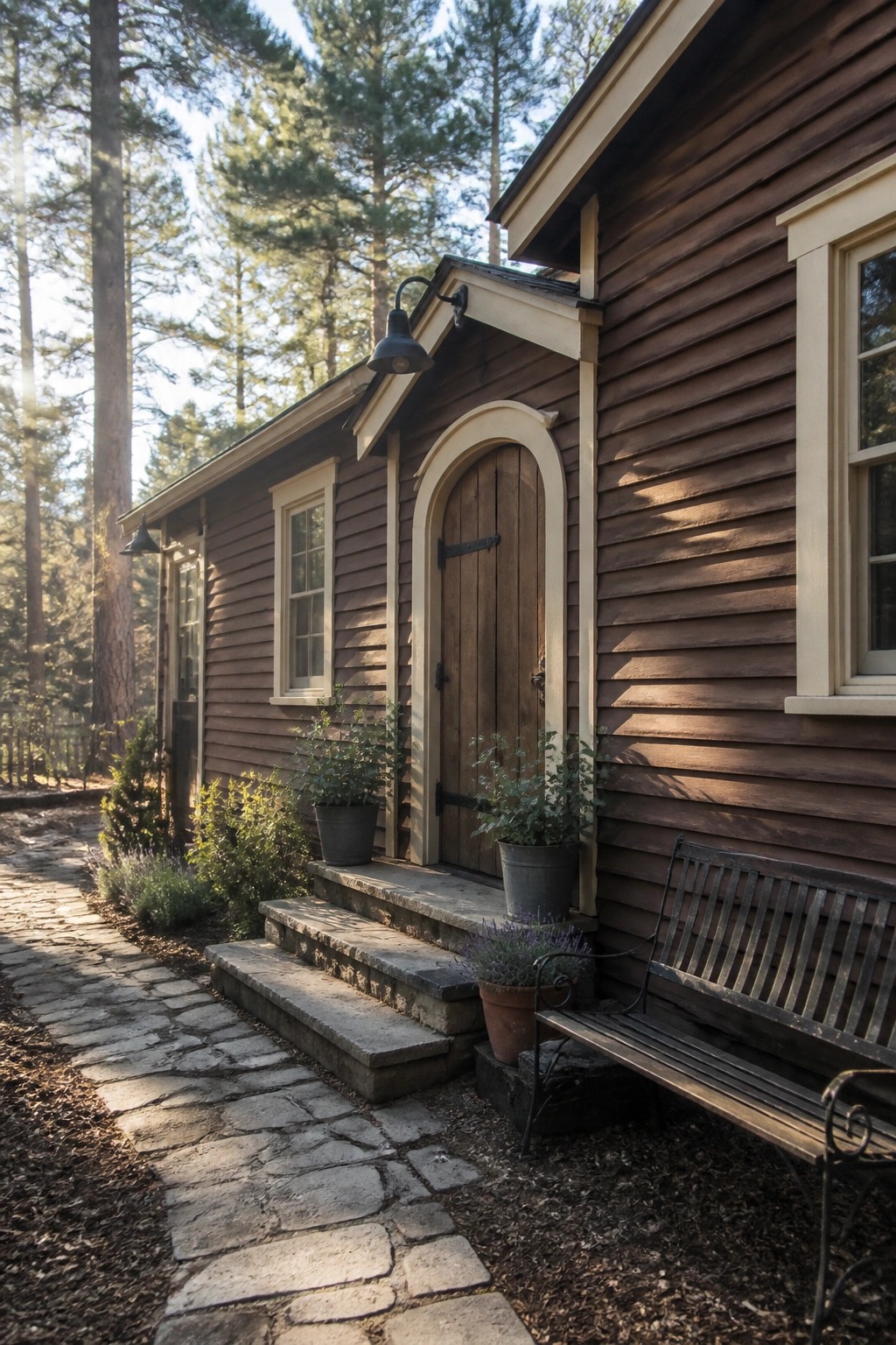 Rustic brown wooden cabin with arched door, potted plants, bench, and stone path in forest
