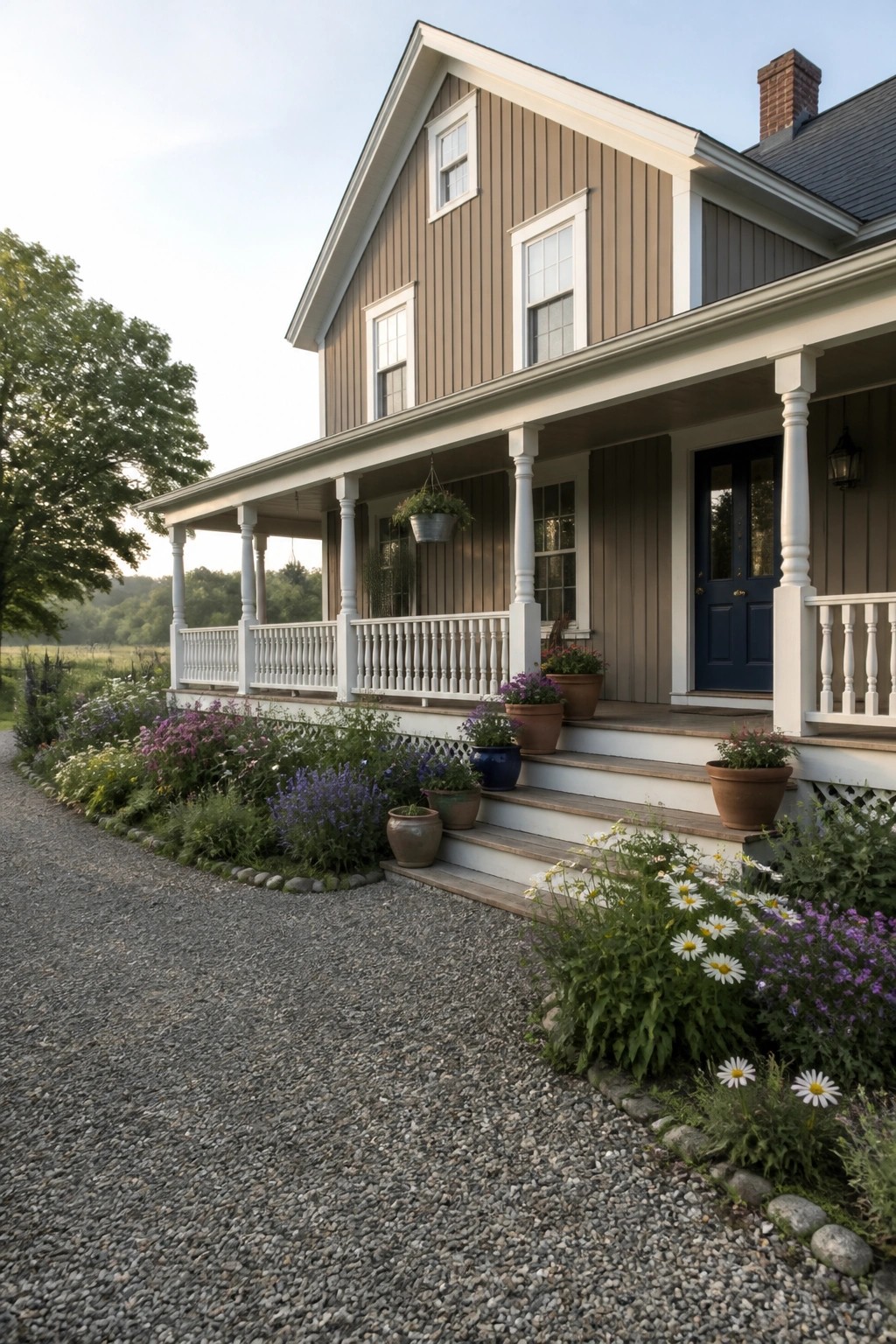 A house exterior painted in warm taupe siding with white trim along a gravel driveway.