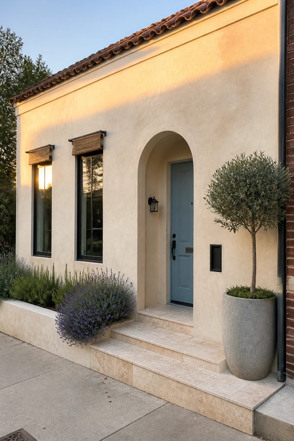 Light beige stucco house exterior with arched entry, blue door, two windows with woven shades, stone steps, and large potted tree.