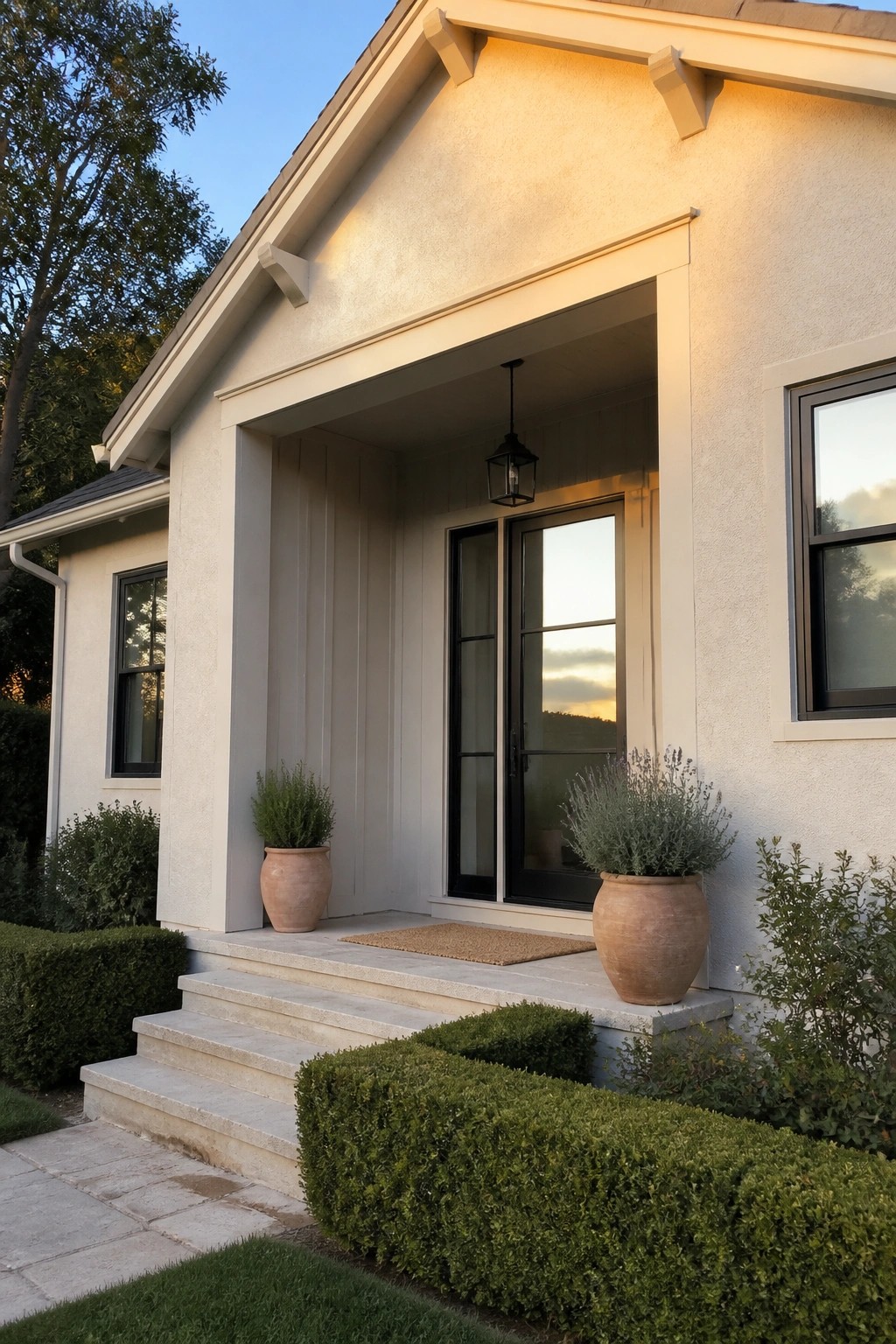 Front view of a light beige house with a covered entry porch, black-framed glass door, concrete steps, and two terracotta pots with plants.