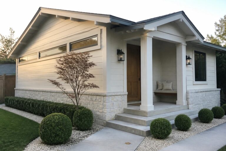 Cream house with wooden door, white columns, black lanterns, and green shrubs.
