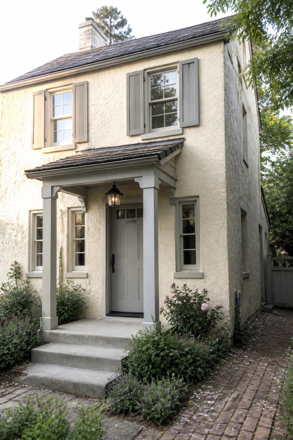 Two-story cream stucco house with gray shutters, columned porch, and brick path