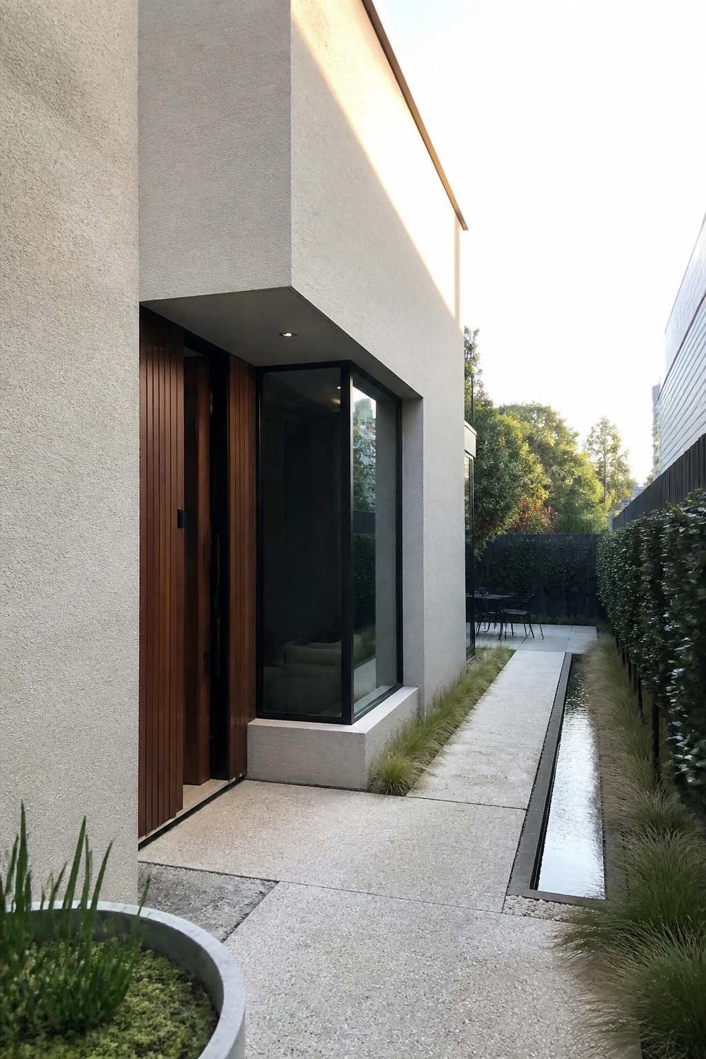 Modern light beige house exterior with vertical wood siding around the entry, a large black-framed window, and a concrete path beside a narrow water feature.