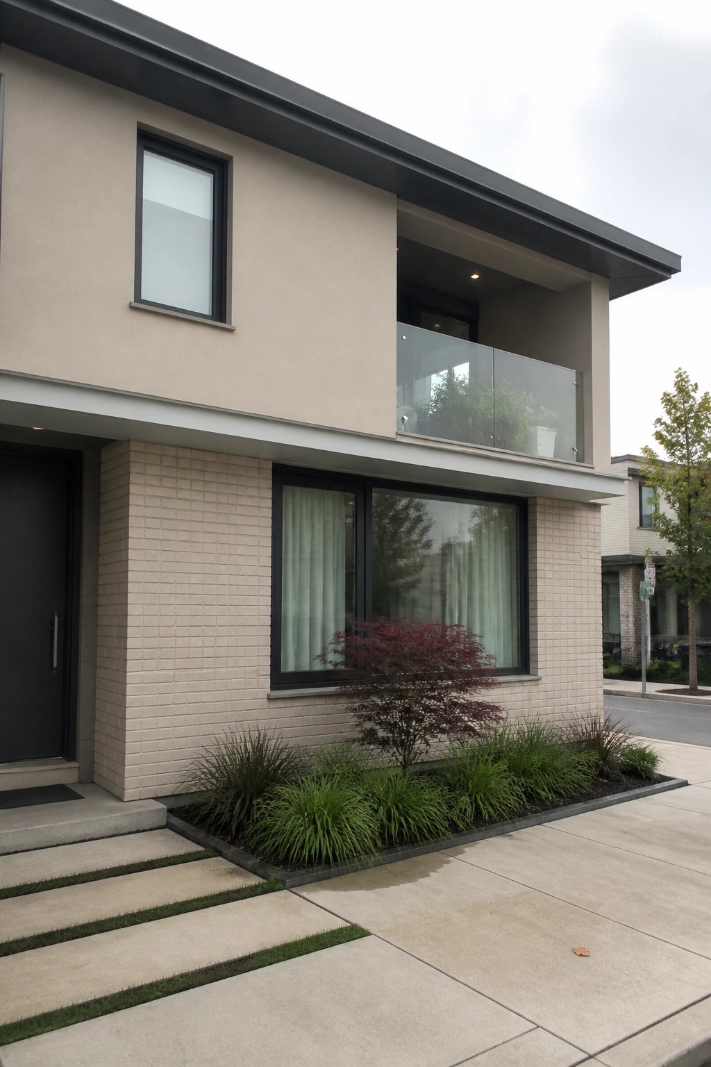Modern beige two-story house with black windows, glass balcony, and front garden.