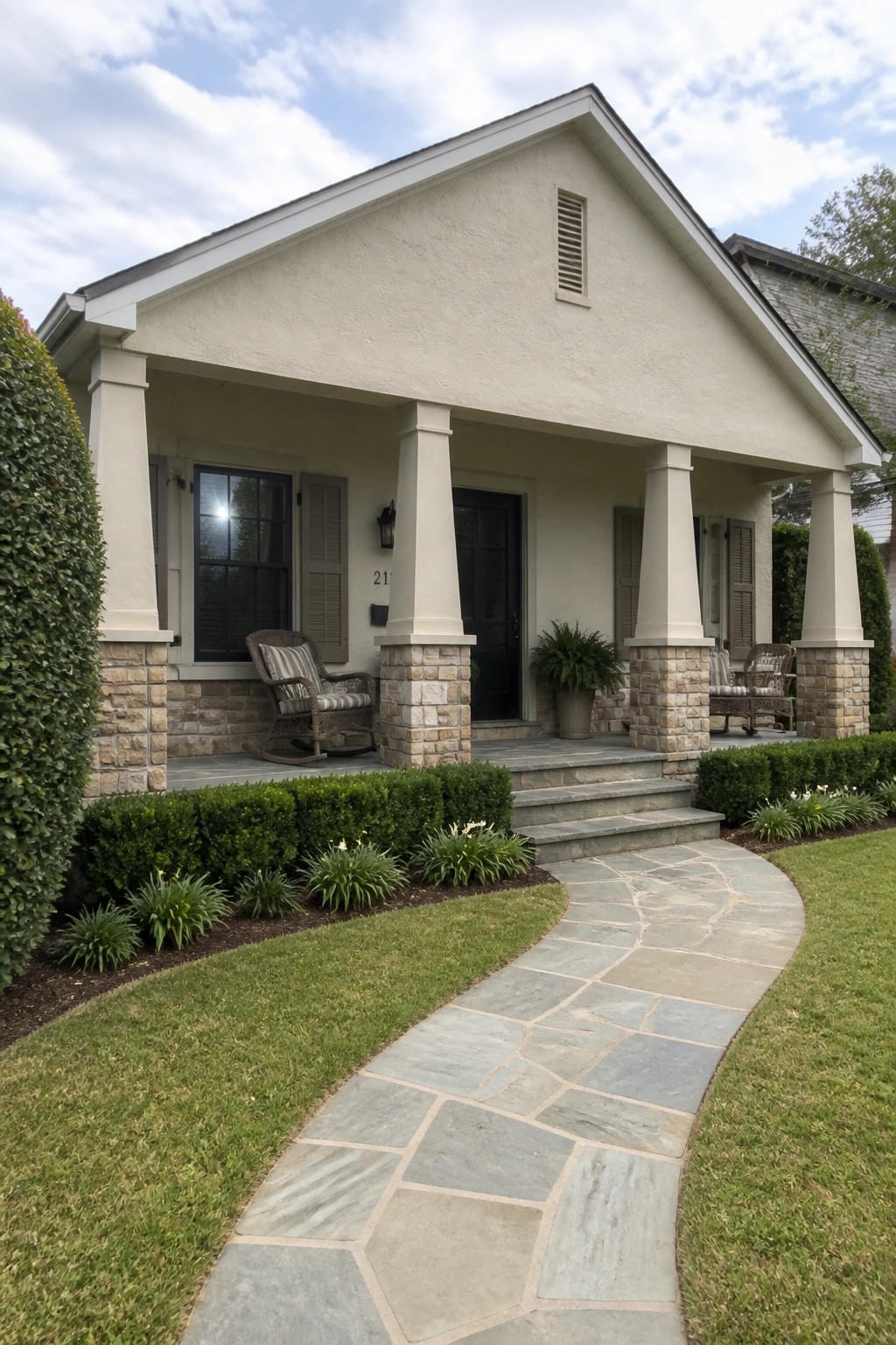 A light beige house exterior with a covered front porch supported by stone-based columns, stone pathway leading to the steps, and landscaping along the front.