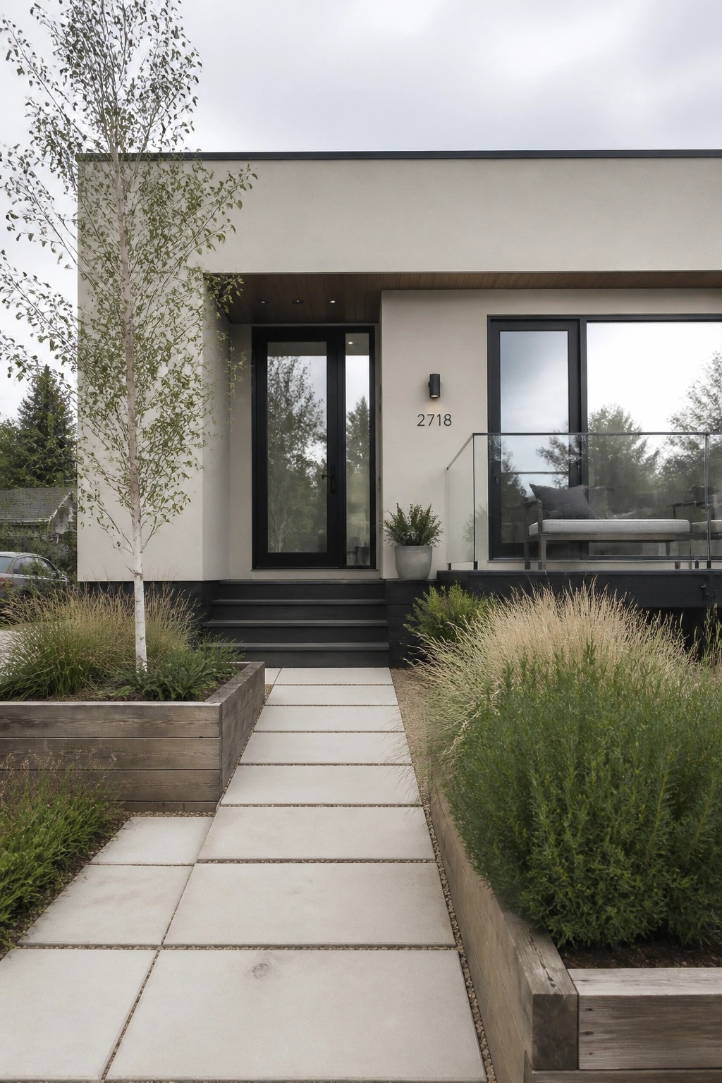 Front view of a small modern house with light beige walls, black-framed door and windows, concrete paver walkway, and raised planter beds with grasses.