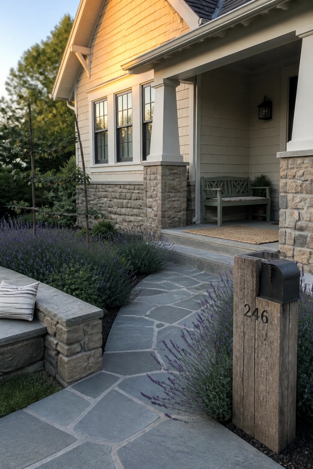 A light beige house exterior with stone foundation, white trim windows, covered porch with green bench, stone pathway, and wooden mailbox post.