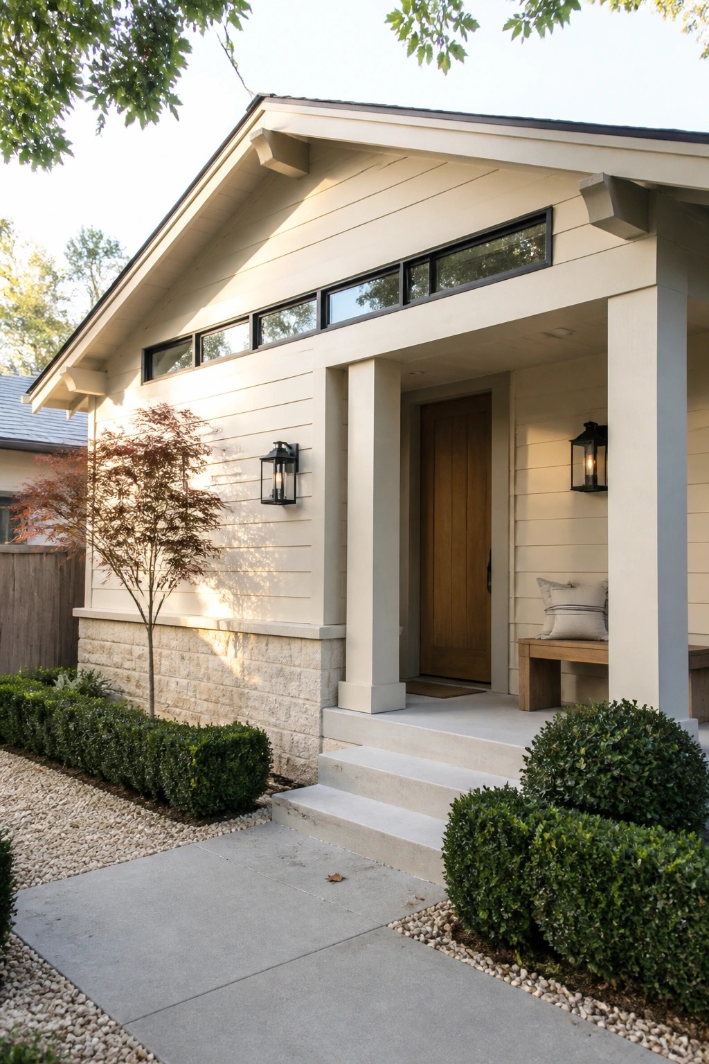 Cream house with wooden door, white columns, black lanterns, and green shrubs.