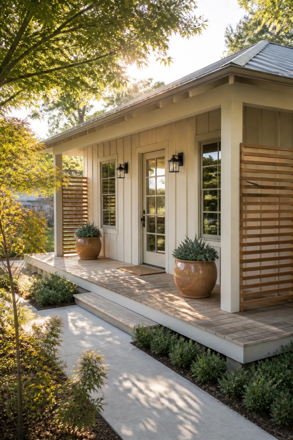 A small light beige house with a raised wooden porch, metal roof, front door, and two large terracotta pots with plants.
