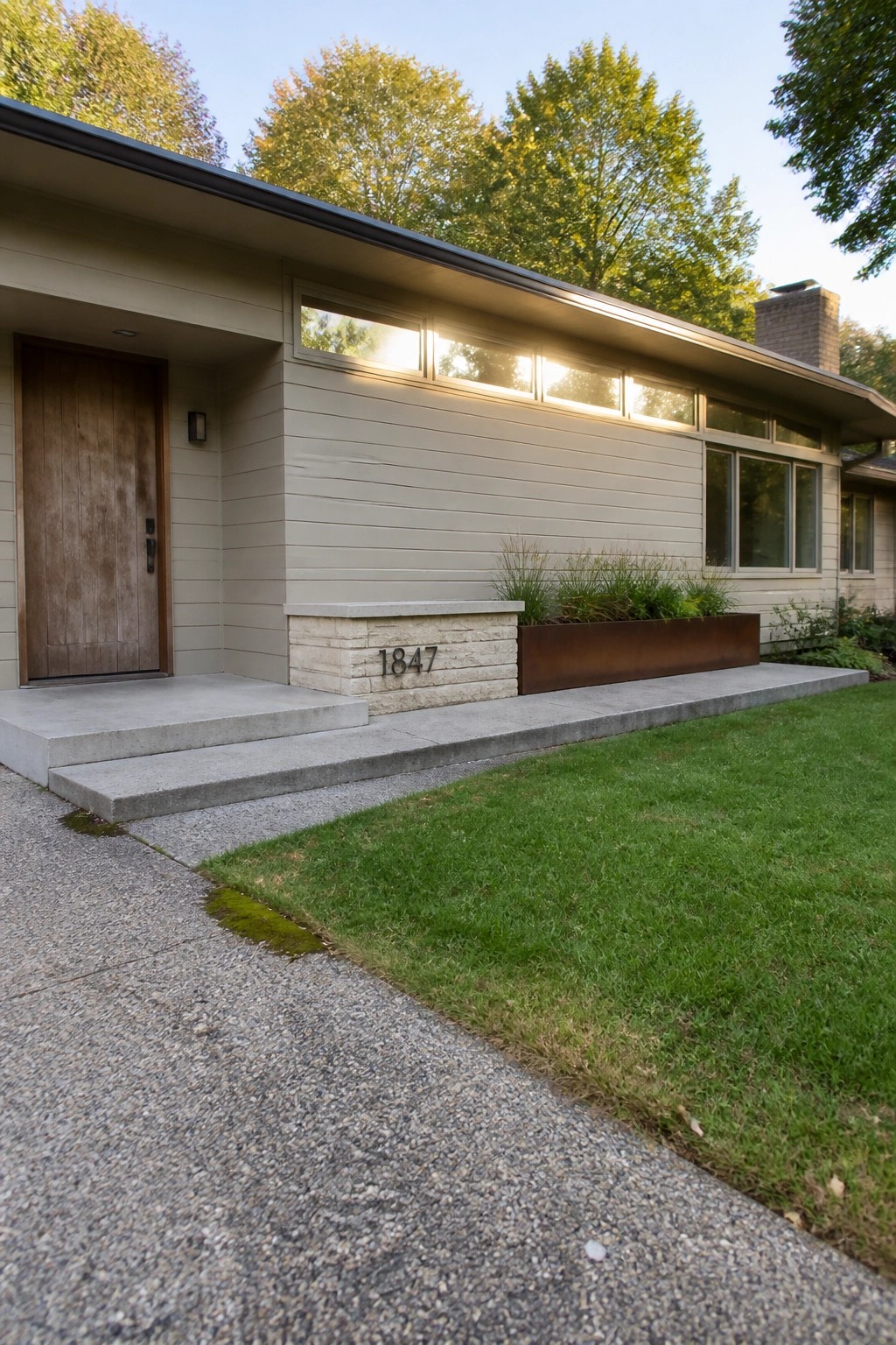 A single-story house exterior with light beige horizontal siding, a wooden front door, and a stone base showing the address 1847.