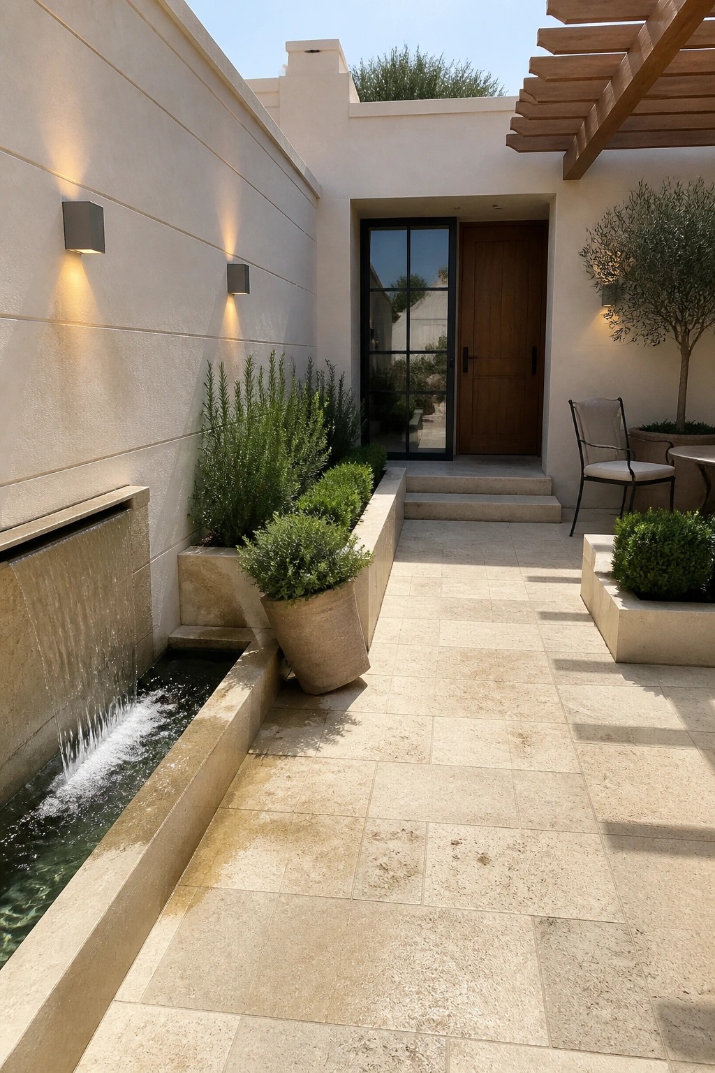 A light beige courtyard with a water feature along the left wall, potted plants, a tiled patio floor, a wooden pergola overhead, and a wooden door at the far end.