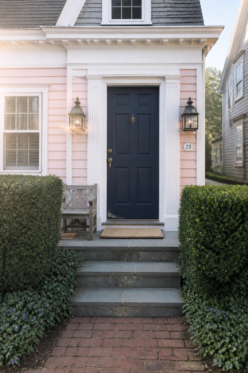 Front of a small house with light pink siding, white trim and columns, a dark navy paneled door, two black lanterns, stone steps, and green hedges on both sides.