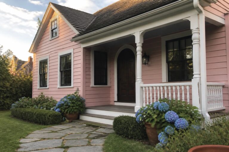 A light pink house exterior with white trim, a dark arched door, and a stone path leading to the front porch.