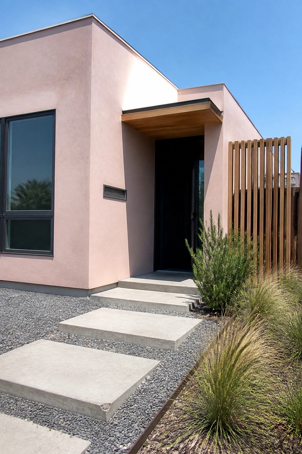 A light pink stucco house with a black front door under a wooden overhang, concrete steps, and gravel path with plants.