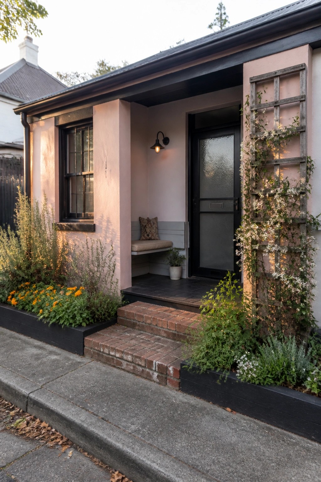 A small house with light pink painted exterior walls, black trim around the window and roofline, a black door, brick steps, and a recessed porch with a bench.