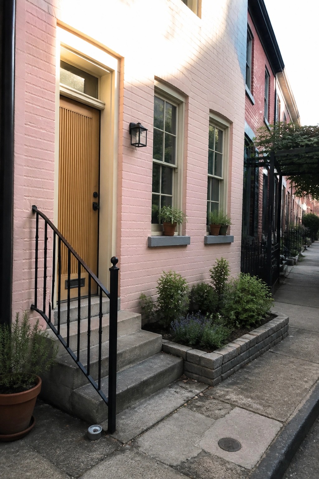 A light pink painted brick house exterior with a wooden door, concrete steps with black railing, and two windows with potted plants on the sills.