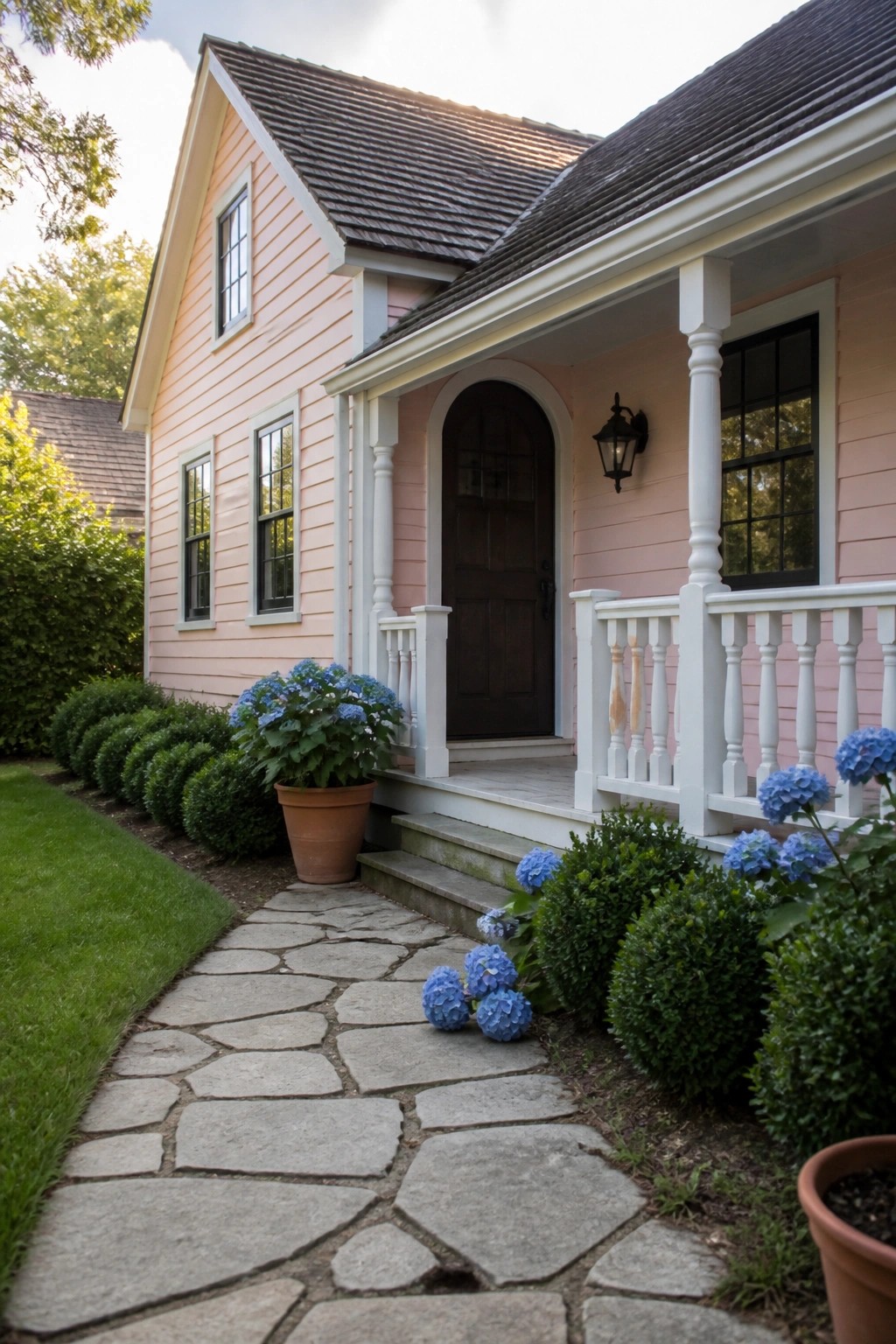 A light pink house exterior with white trim, a dark arched door, and a stone path leading to the front porch.