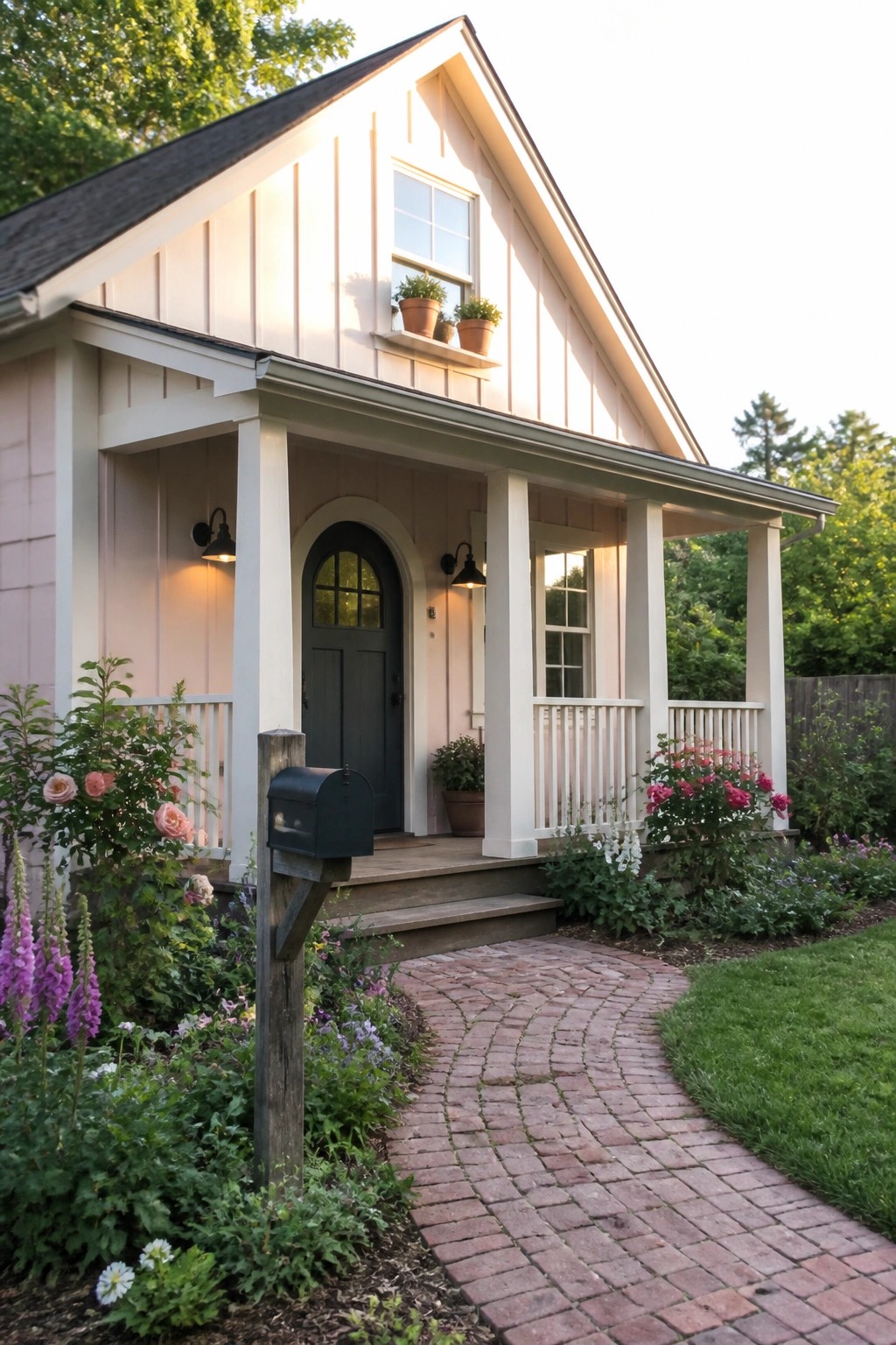 A small light pink house with white trim, a dark arched front door, and a brick walkway leading to the porch.