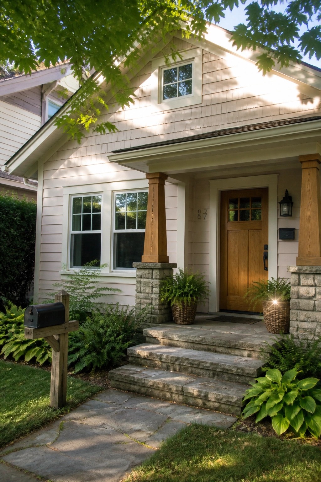 A small house with light pink siding, a wooden front door, stone porch columns, steps, and surrounding greenery.