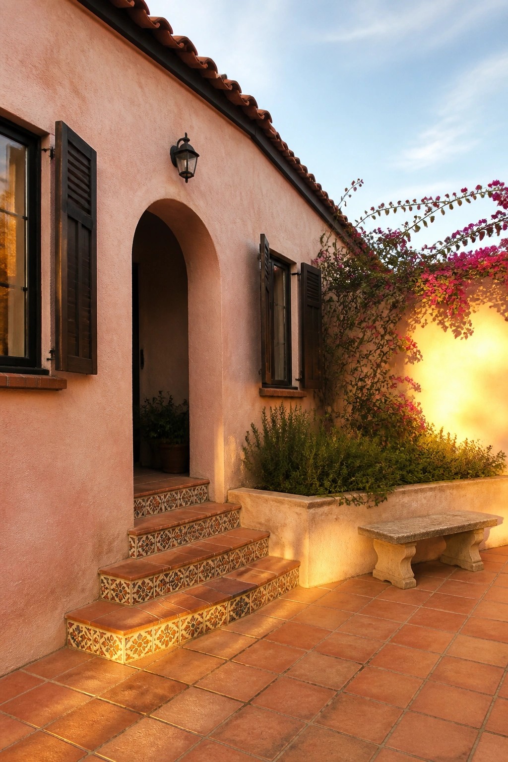 A light pink stucco house exterior with an arched entryway, decorative tiled steps, dark shutters, and a tiled patio with a stone bench and bougainvillea.