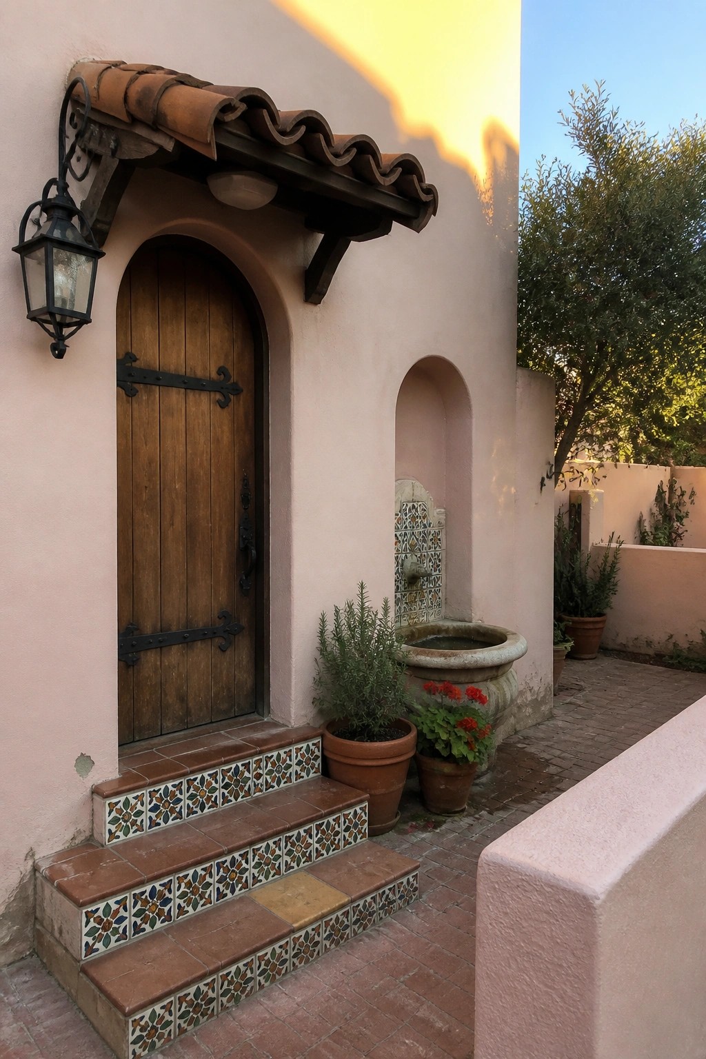 Light pink stucco house exterior with arched wooden door, tiled steps, and recessed fountain niche.