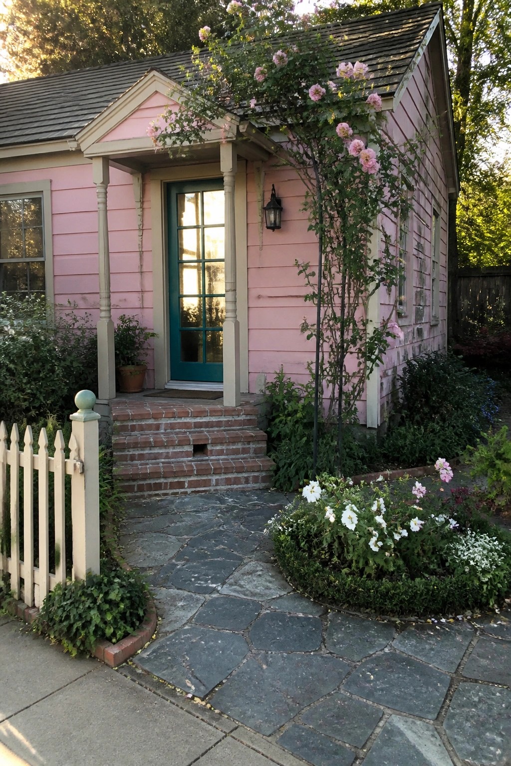 A small pink house exterior with teal door, brick steps, stone pathway, climbing roses, and a white picket fence.