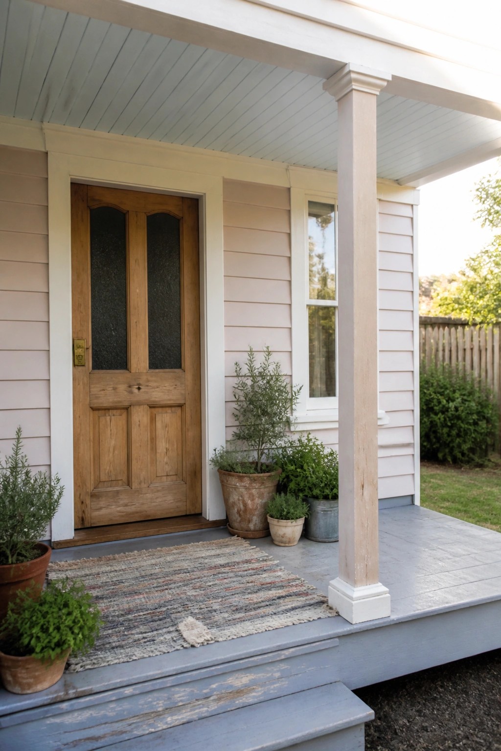 A small house with light pink siding shows a wooden front door, white trim, and potted plants on the porch.
