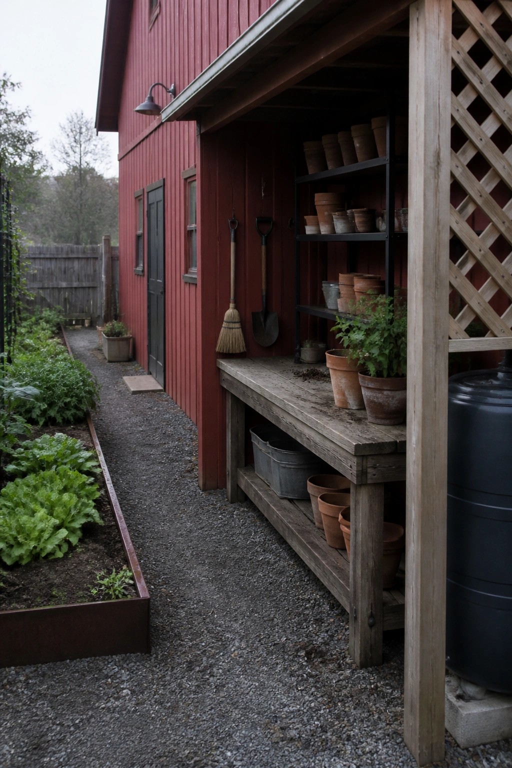 A red barn exterior with a covered wooden workbench, metal shelves holding terracotta pots, hanging garden tools, and raised beds along a gravel path.