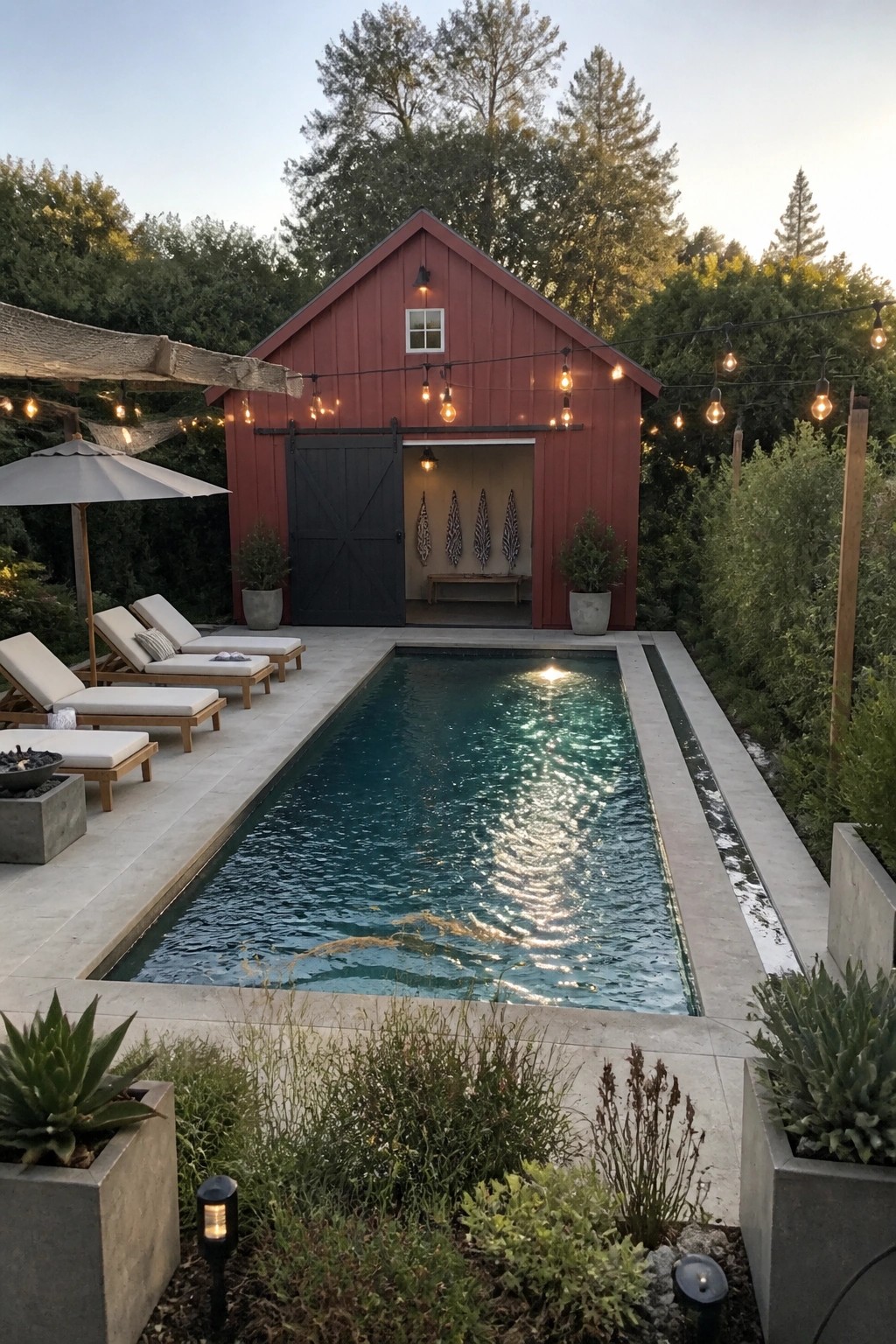 Red barn with rectangular pool, lounge chairs, string lights and lush plants.
