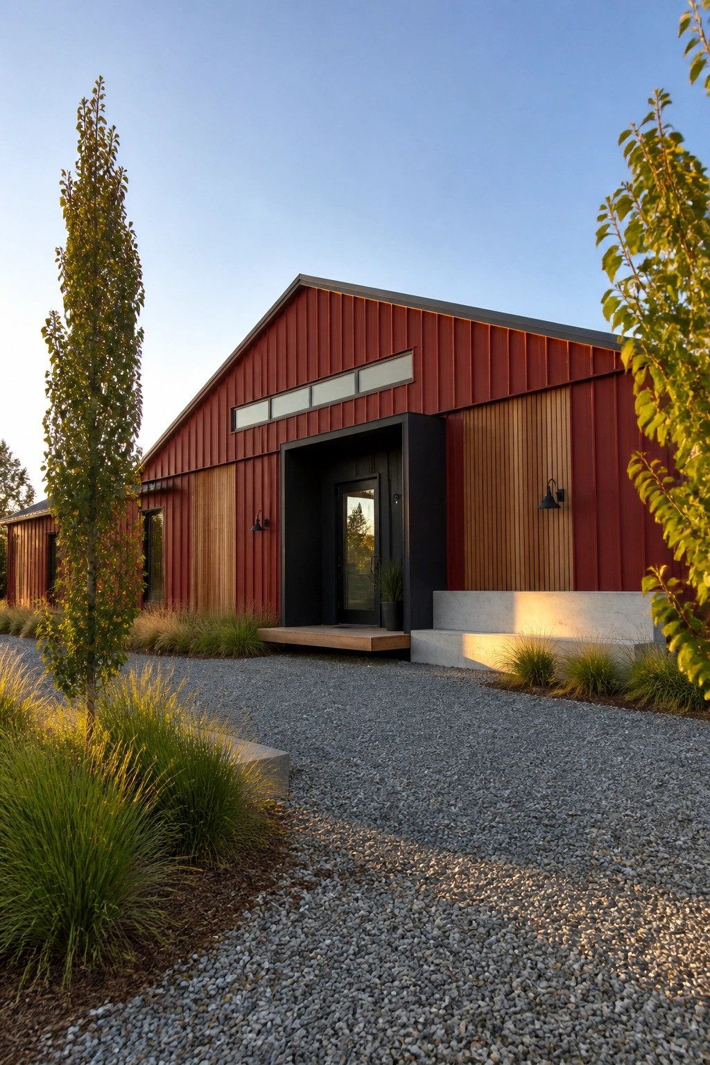Modern red barn house with black door, wooden accents, gravel driveway and trees.