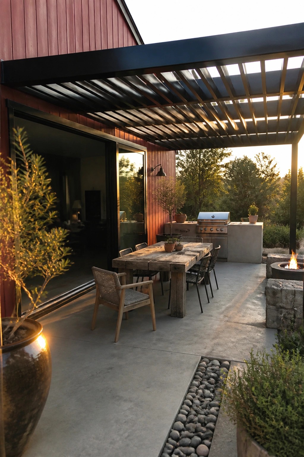 A red barn-style house with sliding doors opens onto a concrete patio with a wooden dining table under a black slatted pergola, an outdoor kitchen, and a fire pit.