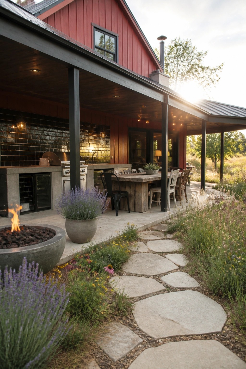 A red barn house with a covered porch that includes an outdoor kitchen, dining table, fire pit, and a stone path leading through garden beds.
