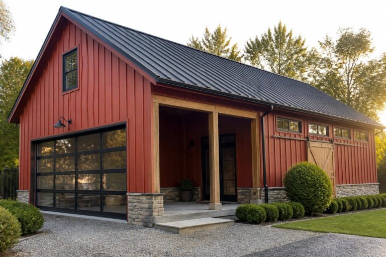 17 Modern Red Barn-Style Exteriors That Keep Rustic Shapes Clean A modern red barn-style house exterior with vertical siding, a dark metal roof, black-framed windows, a stone base, and a covered entry with wooden posts.