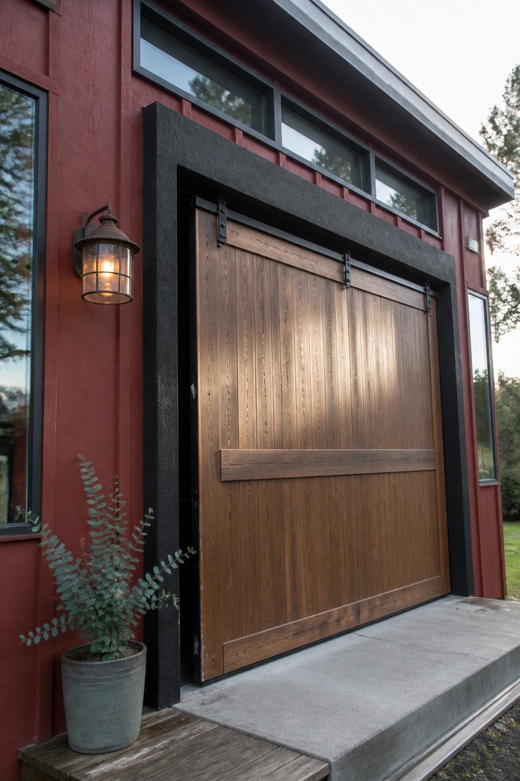 Red wooden building with large brown sliding barn door, black trim, and lantern.