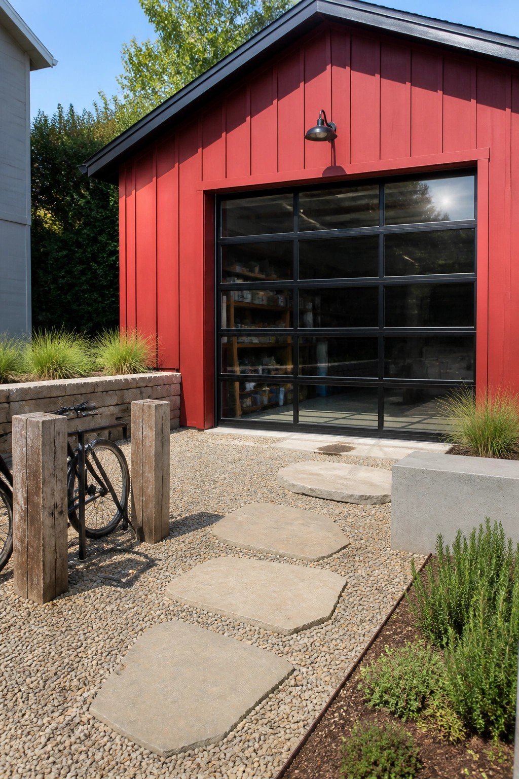A red barn-style building with vertical siding features a large black-framed glass garage door overlooking a gravel path with stone stepping stones.