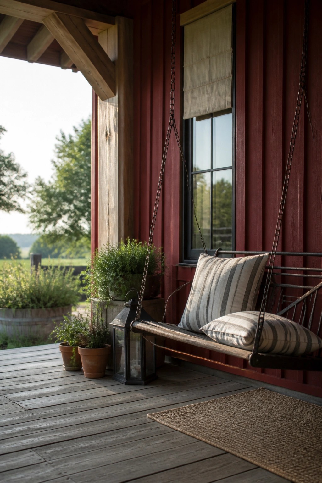 A wooden porch swing with striped cushions hangs from chains beside a window on a red barn-style house, with potted plants and a lantern on the gray deck.