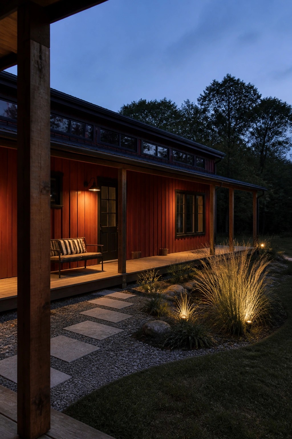 Red wooden barn-style house at dusk with a covered porch, bench, and gravel path with low landscape lighting.