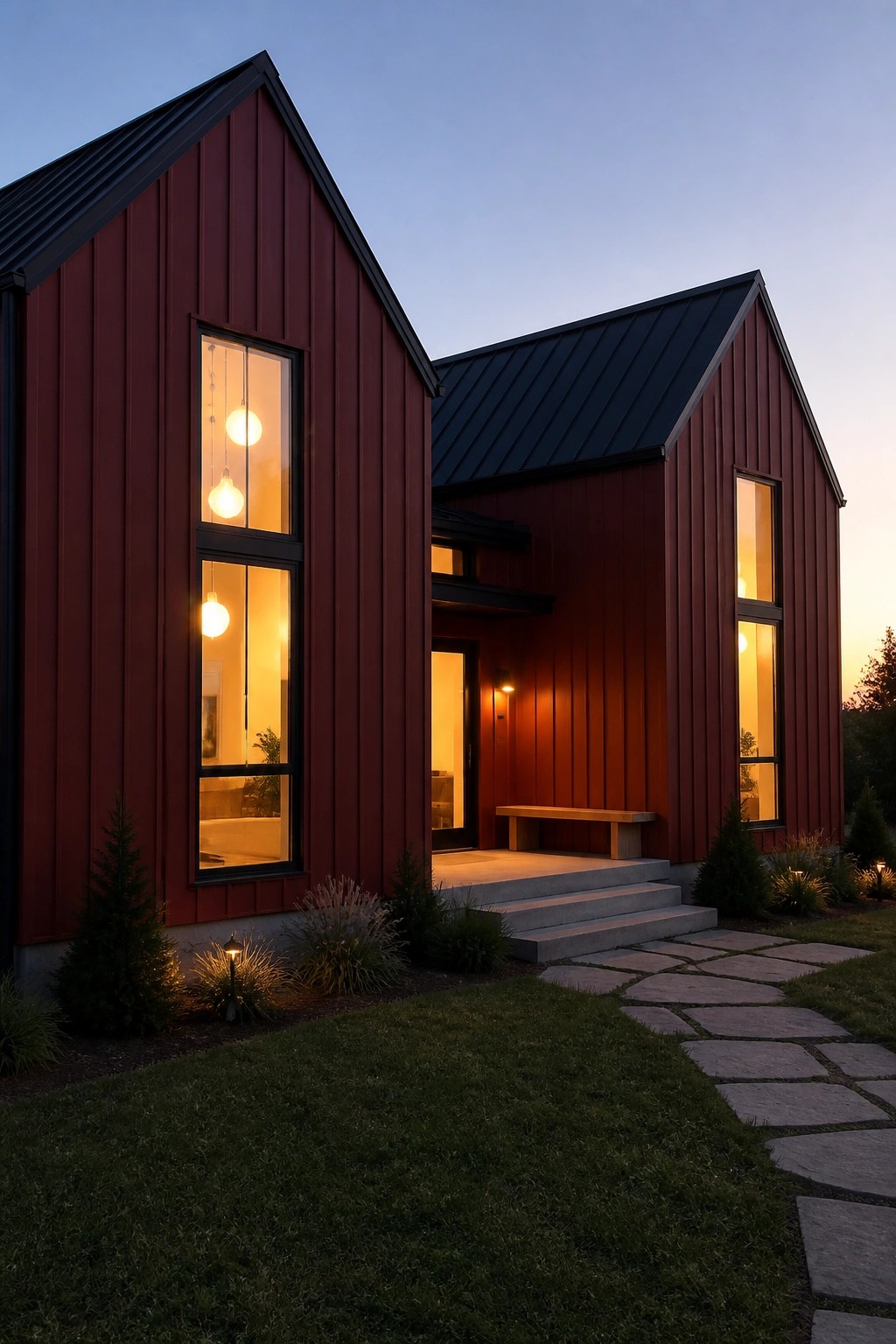 A modern red barn-style house with vertical siding, black metal roof, large windows, and concrete steps leading to the front door at dusk.