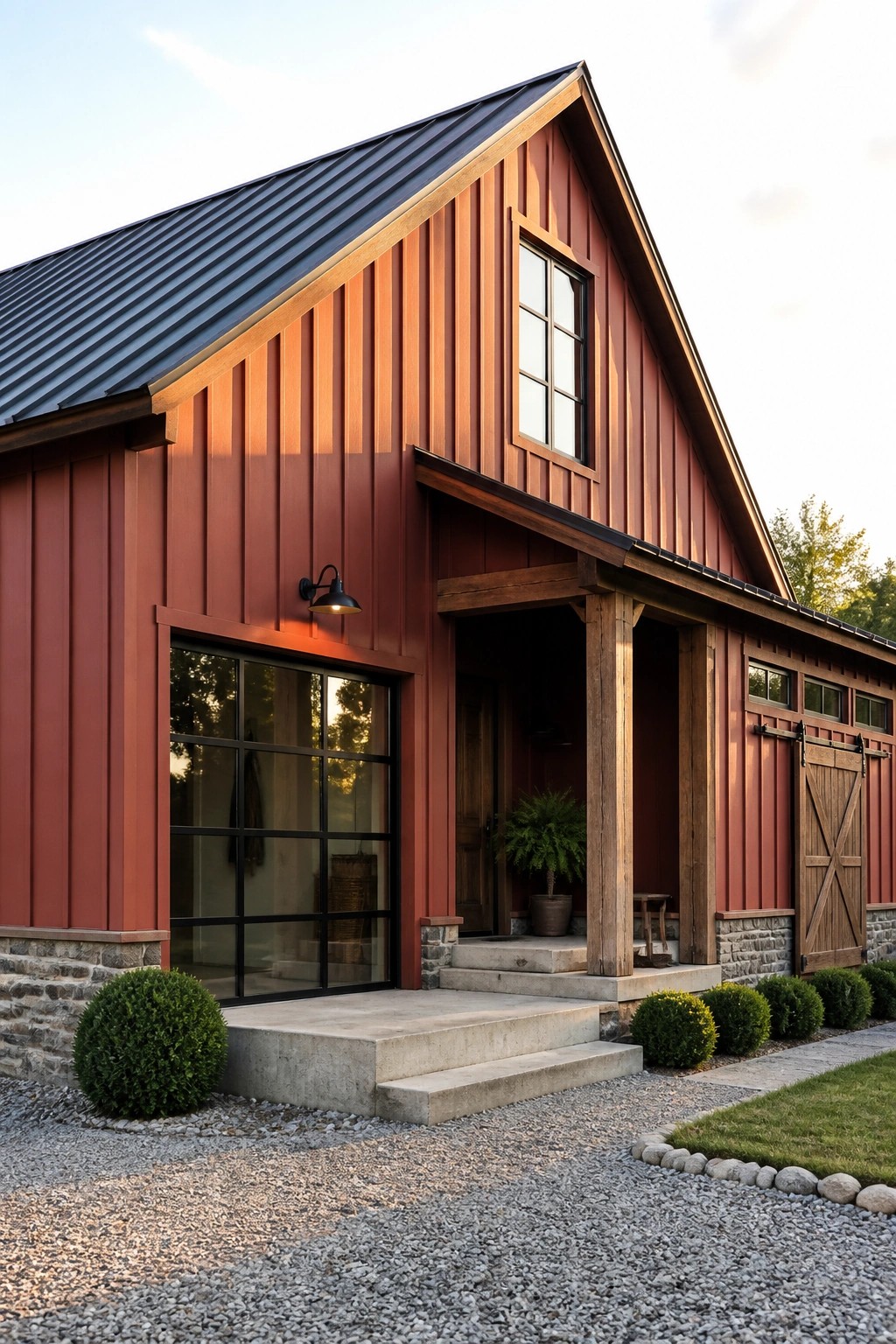 A modern red barn-style house exterior with vertical siding, a dark metal roof, black-framed windows, a stone base, and a covered entry with wooden posts.