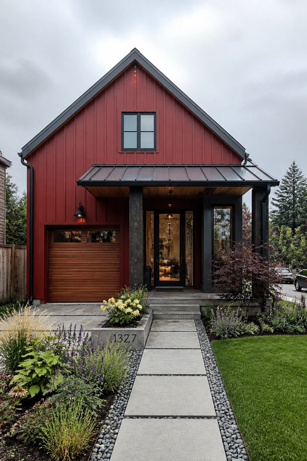 A modern red barn-style house with dark metal roof and trim, a covered entry, and a concrete path leading to the front door.