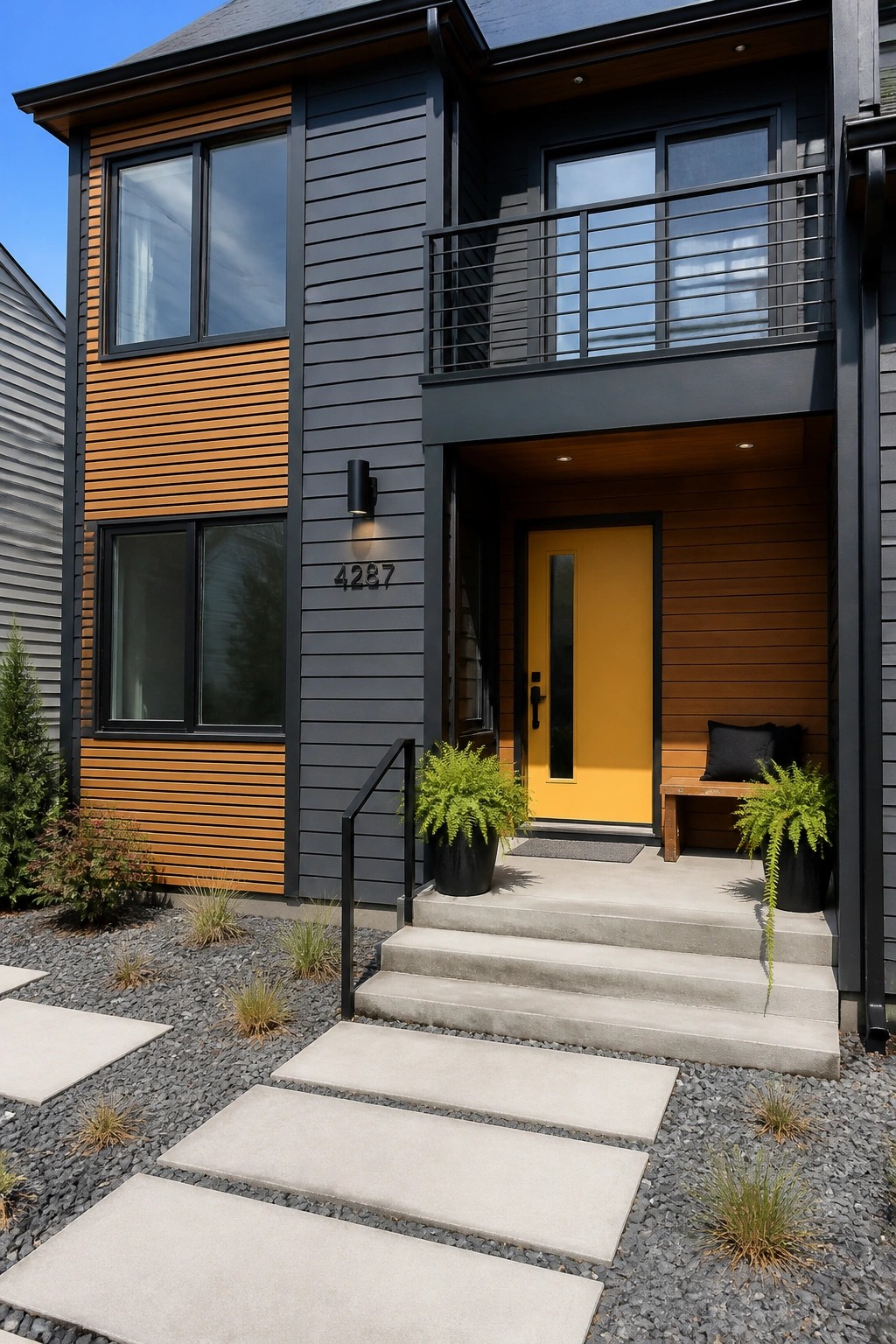 Modern house exterior featuring dark charcoal gray vinyl siding paired with warm wood accents.