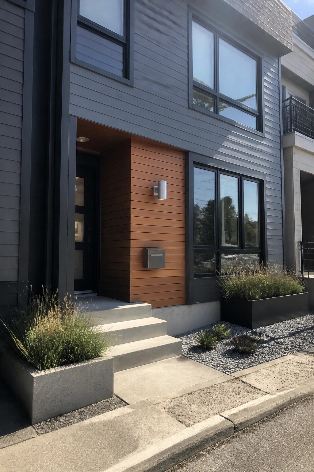 Modern house exterior with dark cool gray vinyl siding and a wood accent panel at the entry.